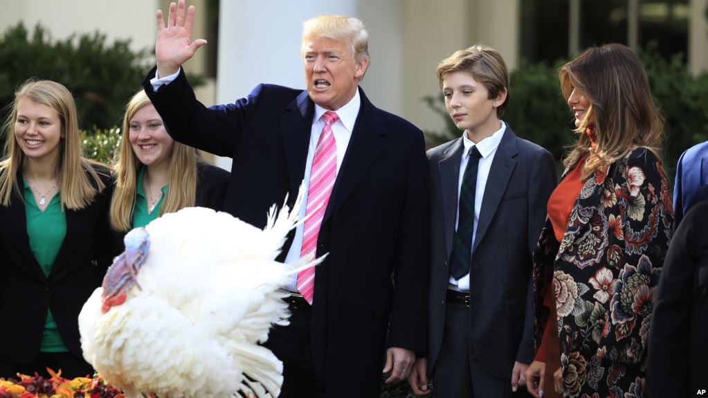 President Donald Trump with first lady Melania Trump, right, and their son Barron Trump, waves after pardoning the National Thanksgiving Turkey Drumstick during a ceremony in the Rose Garden of the White House in Washington, Tuesday, Nov. 21, 2017.