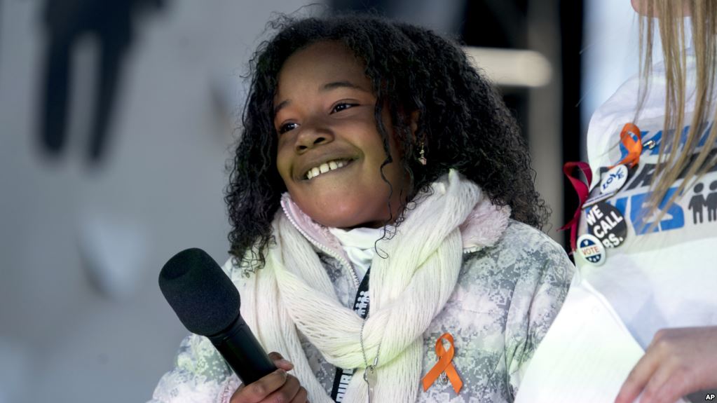 Yolanda Renee King, granddaughter of Martin Luther King Jr., speaks during the March for Our Lives rally in support of gun control in Washington, March 24, 2018.